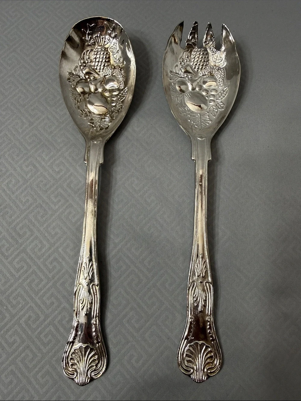 Vtg Ornate Silver Plate Salad Serving Utensils Fruit Motif Made in Hong Kong
